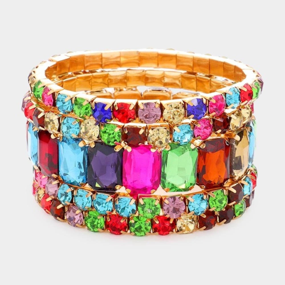 5 piece emerald cut round stone stretch bracelet